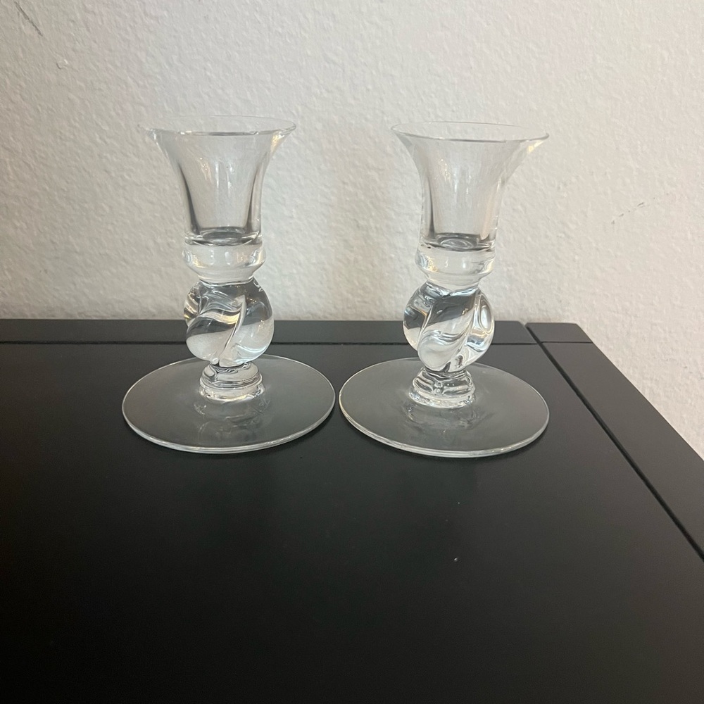 Orrefors Sweden 4.5” Set Two Vintage Candlesticks, Excellent Condition